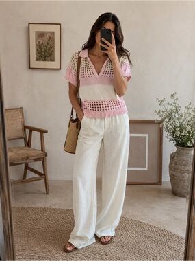 WISPR Colorblock Crochet Knit Polo Top in Pink & Beige, Size M, Brand New